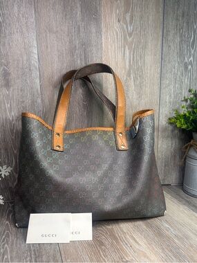 Gucci GG Rainbow-Print Coated Canvas Tote • Tan Leather Trim • Designer Luxury
